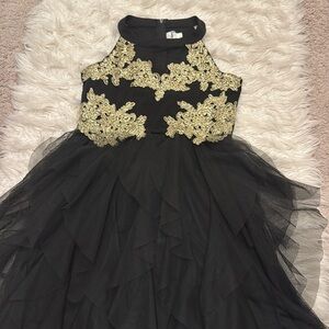 Black dress with gold appliqué, size 16 youth